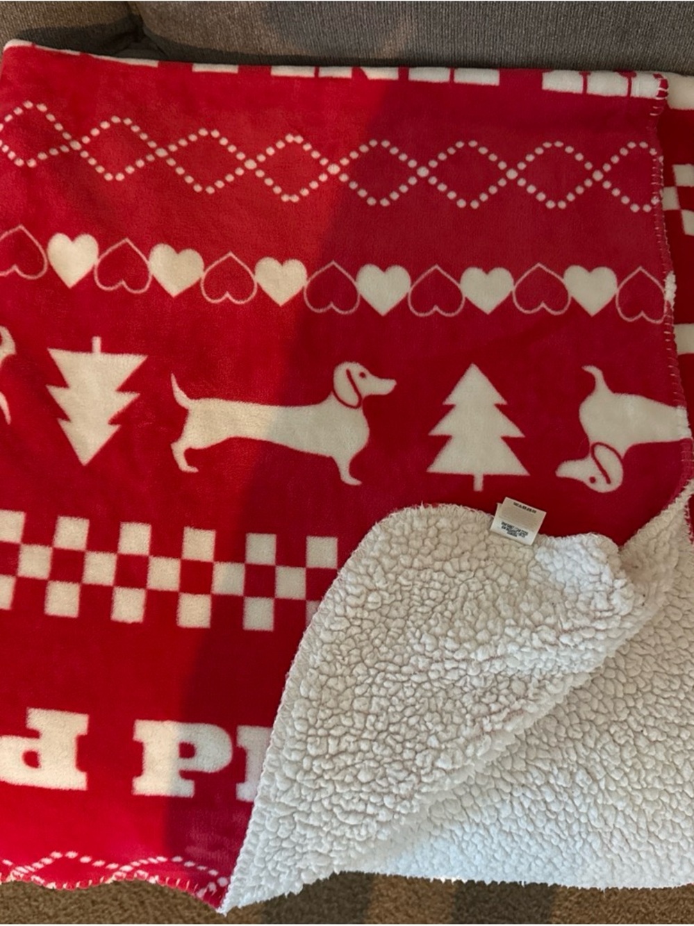 PINK Victoria's Secret Red & White Dachshund Sherpa Throw Blanket